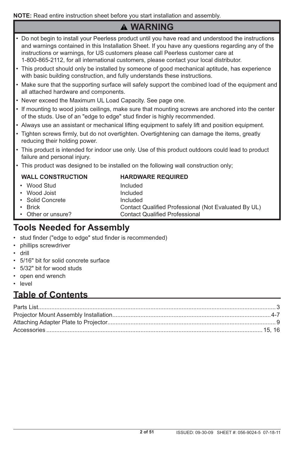 Peerless-AV PRG-UNV - Installation User Manual | Page 2 / 51