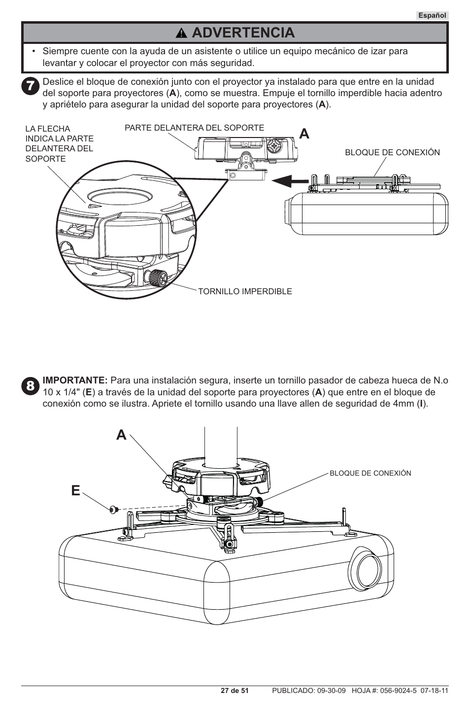 Advertencia | Peerless-AV PRG-UNV - Installation User Manual | Page 27 / 51