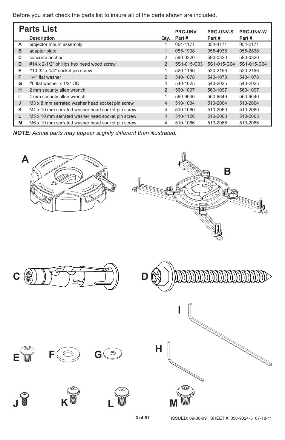 Parts list | Peerless-AV PRG-UNV - Installation User Manual | Page 3 / 51