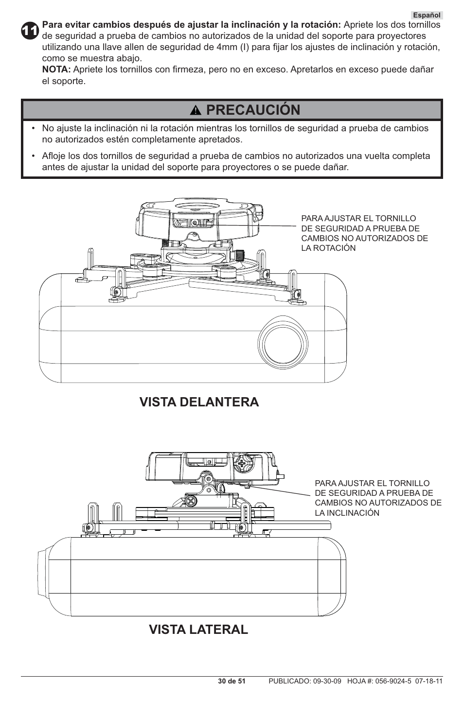 Precaución, Vista delantera vista lateral | Peerless-AV PRG-UNV - Installation User Manual | Page 30 / 51