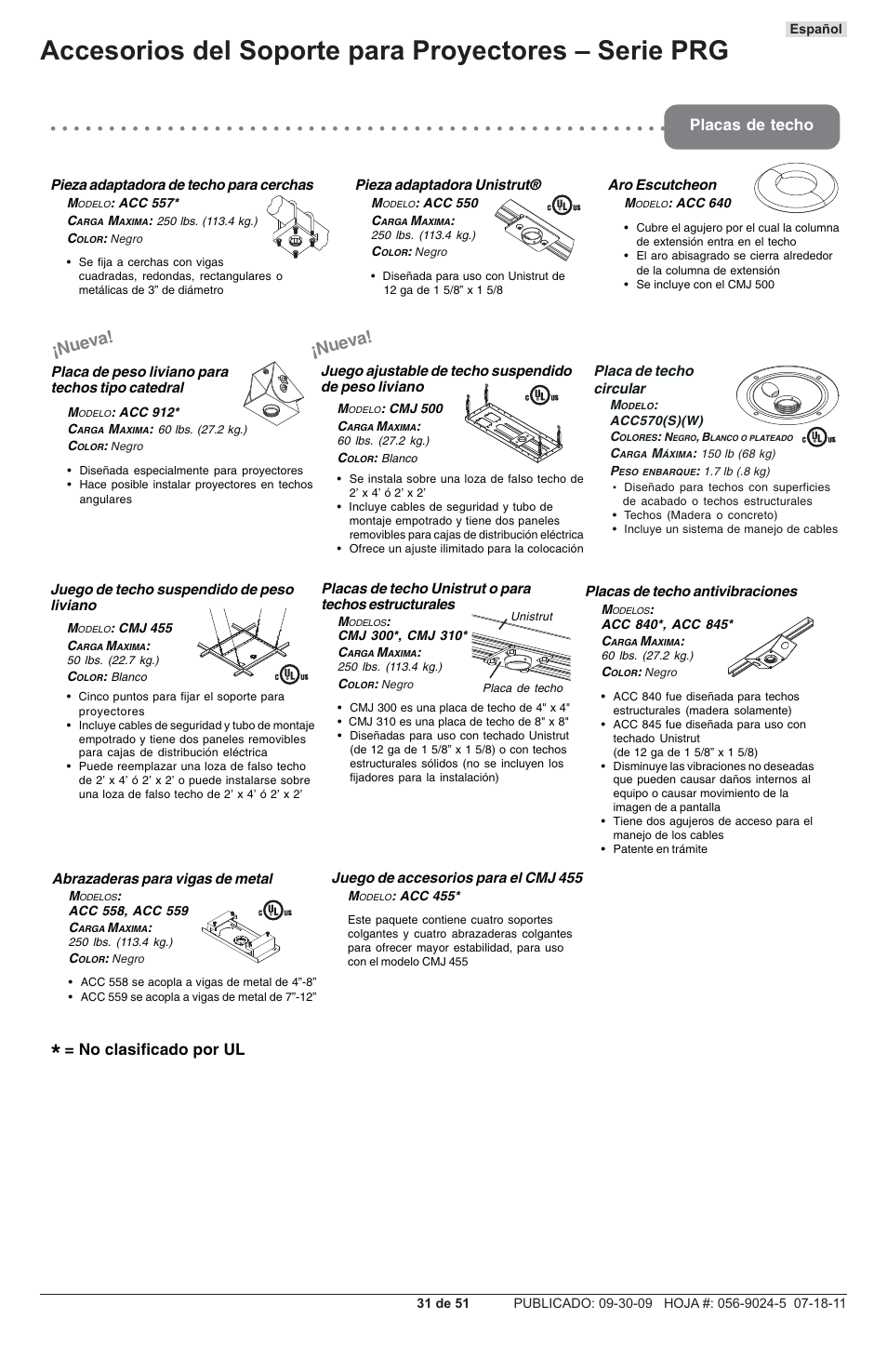 Nueva, Placas de techo, No clasificado por ul | Peerless-AV PRG-UNV - Installation User Manual | Page 31 / 51