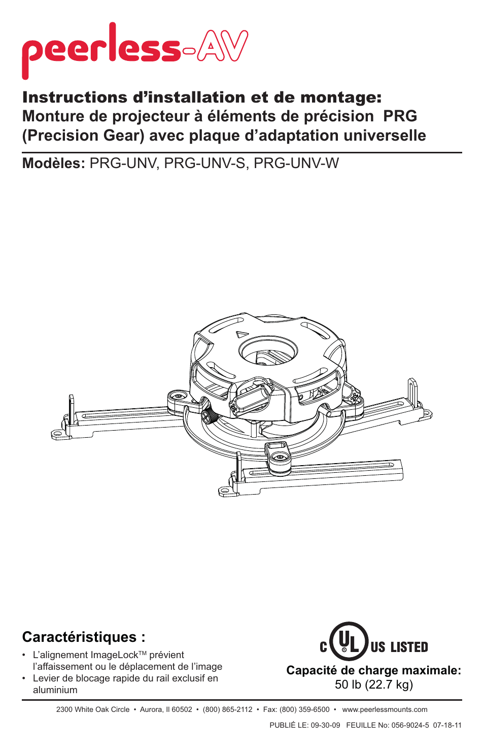 Caractéristiques, Modèles: prg-unv, prg-unv-s, prg-unv-w | Peerless-AV PRG-UNV - Installation User Manual | Page 33 / 51