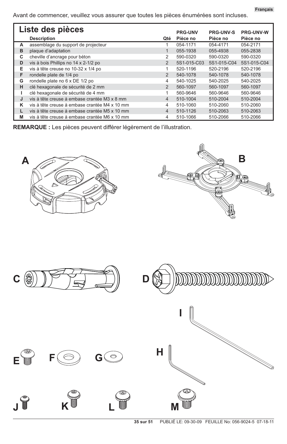 Liste des pièces | Peerless-AV PRG-UNV - Installation User Manual | Page 35 / 51