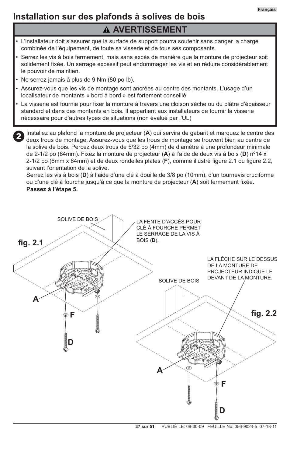 Installation sur des plafonds à solives de bois, Avertissement, Df a | Fi g. 2.1 fi g. 2.2 | Peerless-AV PRG-UNV - Installation User Manual | Page 37 / 51