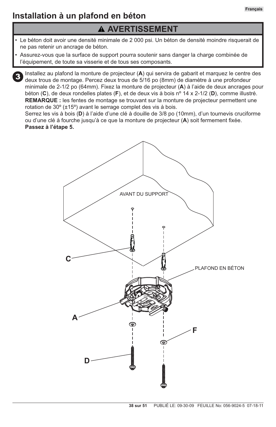 Installation à un plafond en béton, Avertissement, Da f c | Peerless-AV PRG-UNV - Installation User Manual | Page 38 / 51