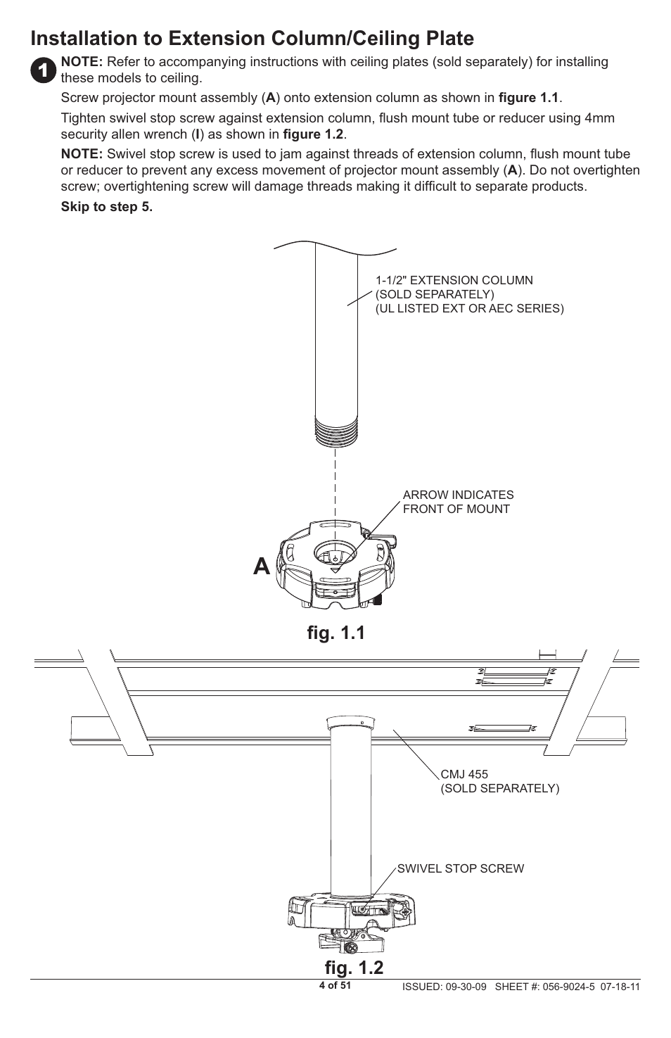 Installation to extension column/ceiling plate, Fi g. 1.1 fi g. 1.2 | Peerless-AV PRG-UNV - Installation User Manual | Page 4 / 51