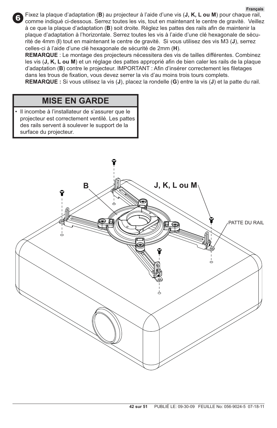 Mise en garde, J, k, l ou m b | Peerless-AV PRG-UNV - Installation User Manual | Page 42 / 51