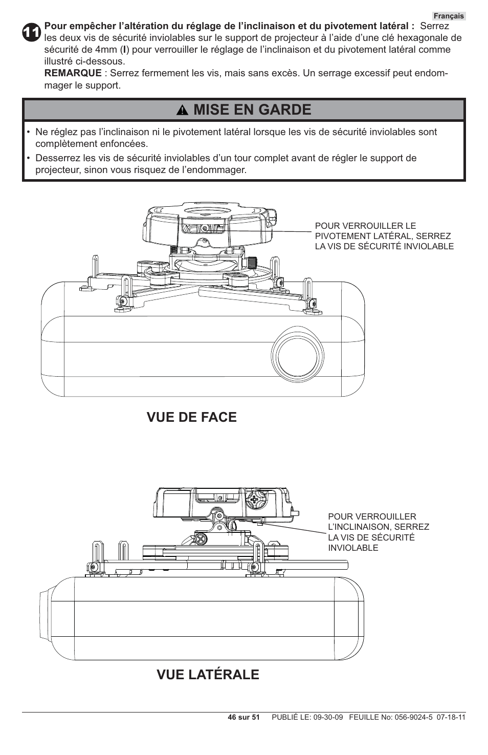 Mise en garde, Vue de face vue latérale | Peerless-AV PRG-UNV - Installation User Manual | Page 46 / 51