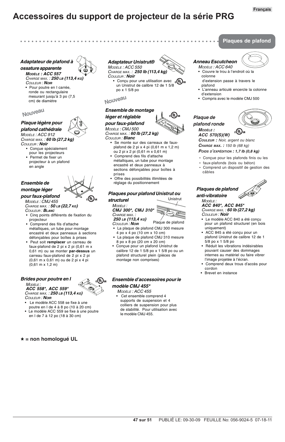 Nouveau, Plaques de plafond, Non homologué ul | Peerless-AV PRG-UNV - Installation User Manual | Page 47 / 51