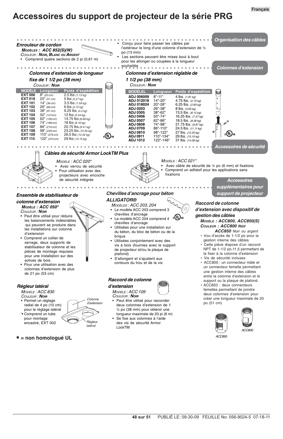 Non homologué ul, Chevilles d’ancrage pour béton alligator, Enrouleur de cordon | Raccord de colonne d’extension, Ensemble de stabilisateur de colonne d’extension, Avec dispositif de gestion des câbles | Peerless-AV PRG-UNV - Installation User Manual | Page 48 / 51