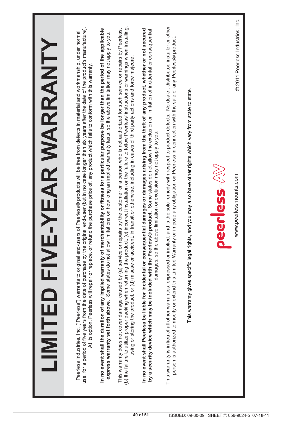 Limited five-year w arranty | Peerless-AV PRG-UNV - Installation User Manual | Page 49 / 51