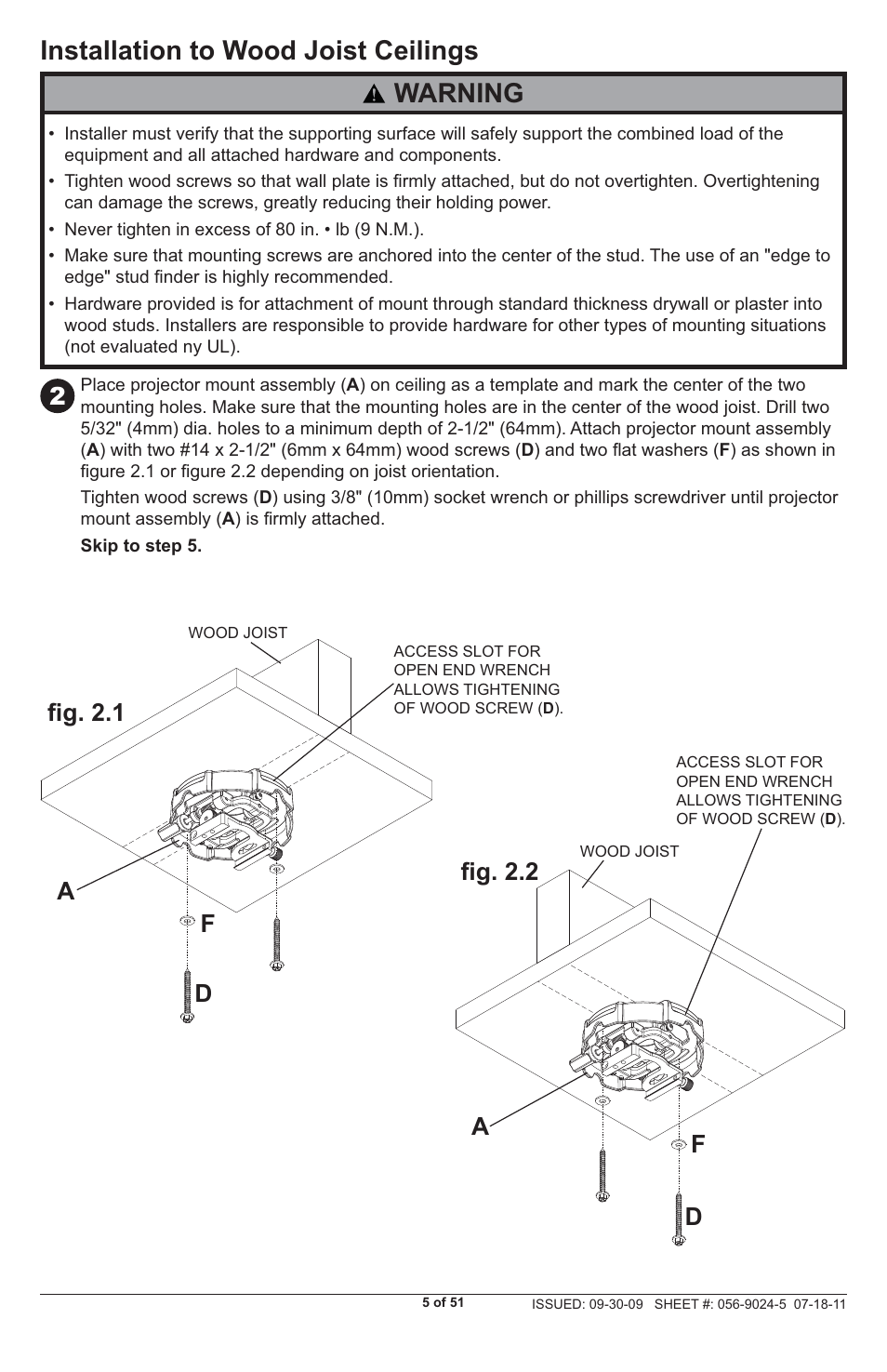 Installation to wood joist ceilings, Warning, Fi g. 2.1 fi g. 2.2 | Peerless-AV PRG-UNV - Installation User Manual | Page 5 / 51