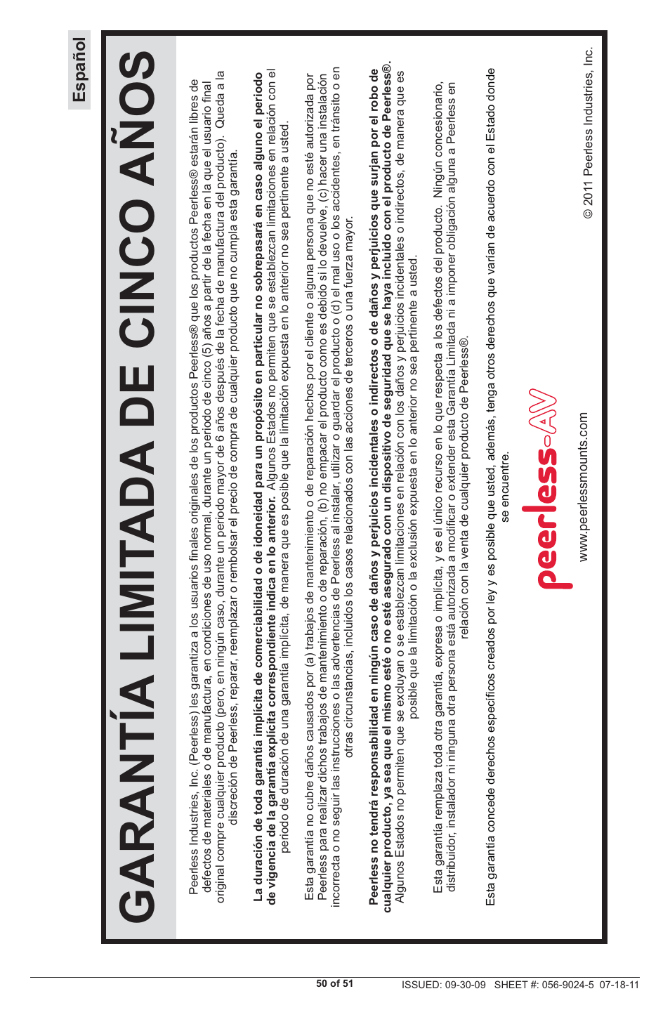 Garantía limit ada de cinco años | Peerless-AV PRG-UNV - Installation User Manual | Page 50 / 51