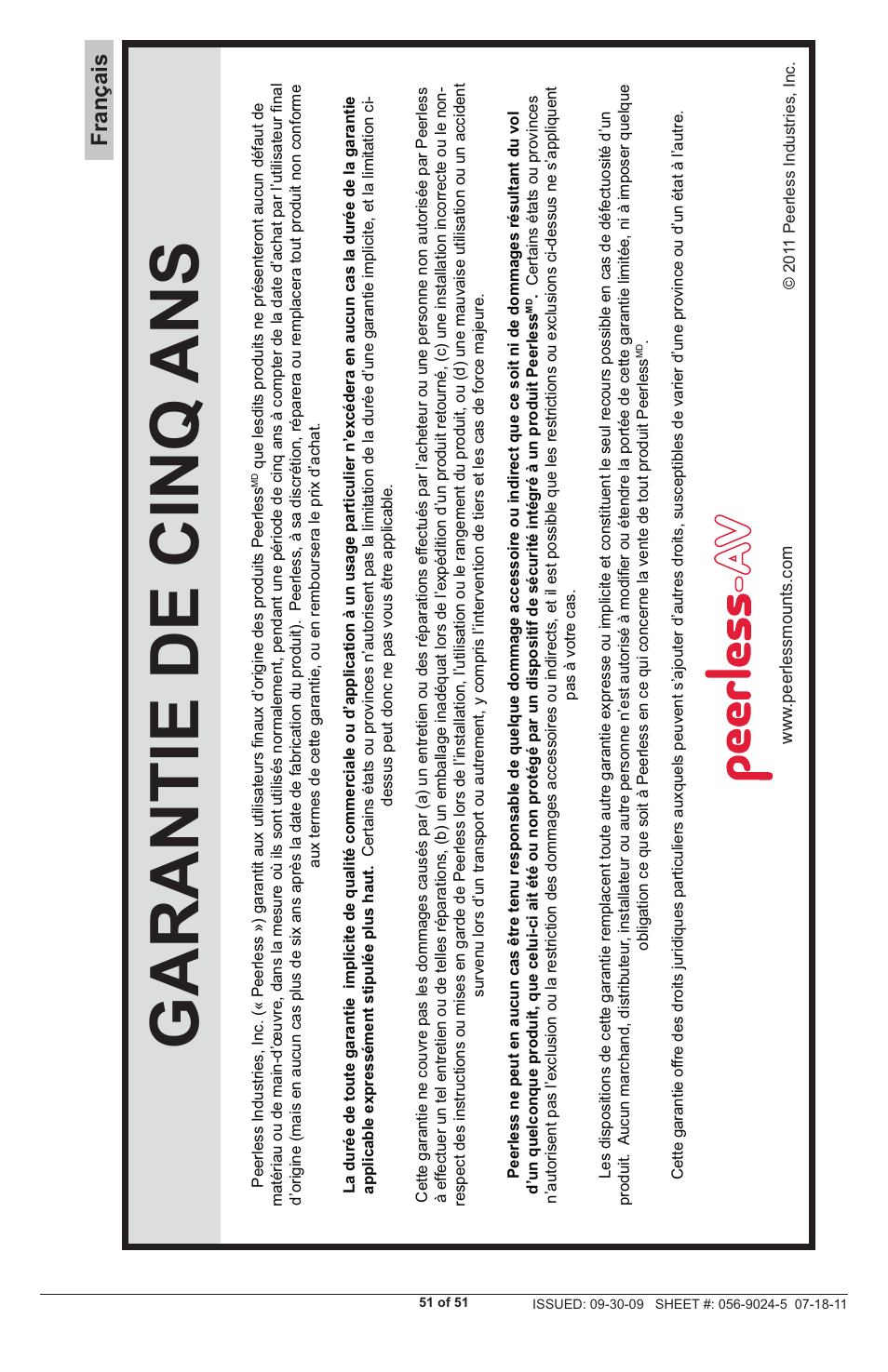 Garantie de cinq ans, Français | Peerless-AV PRG-UNV - Installation User Manual | Page 51 / 51