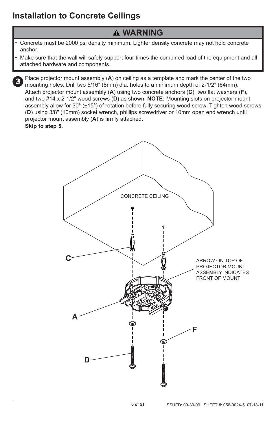 Warning, Installation to concrete ceilings | Peerless-AV PRG-UNV - Installation User Manual | Page 6 / 51