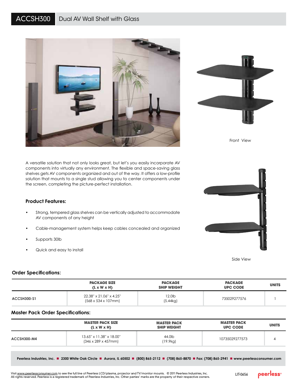Accsh300, Dual av wall shelf with glass, Product features | Order specifications, Master pack order specifications | Peerless-AV ACCSH300  - Sell Sheet User Manual | Page 2 / 2