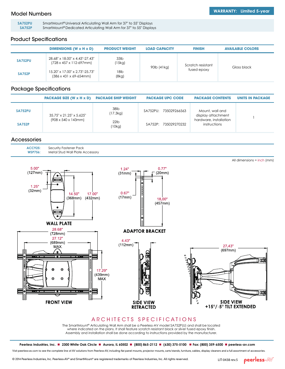 Package specifications accessories, Product specifications model numbers | Peerless-AV SA752P  - Sell Sheet User Manual | Page 2 / 2