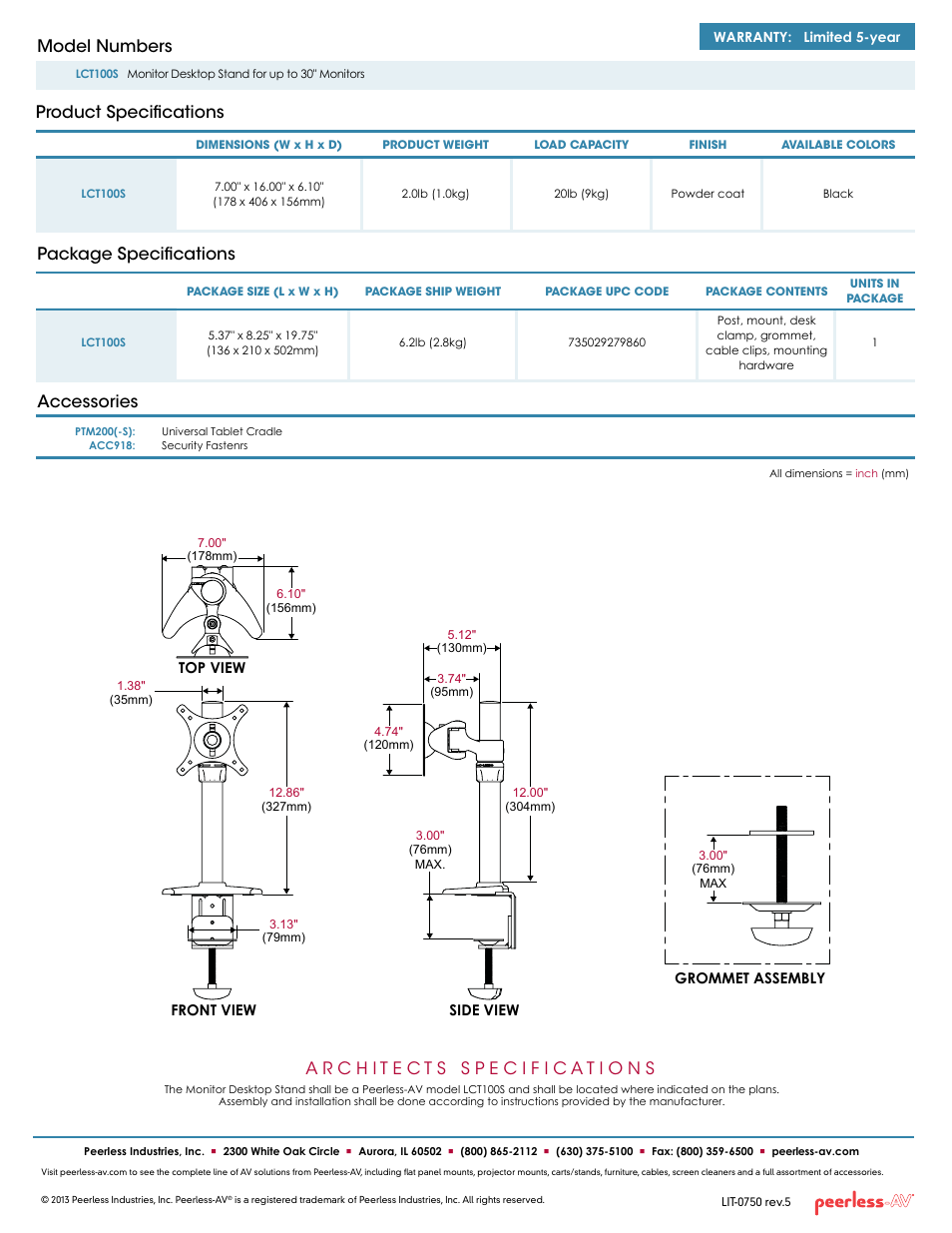 Package specifications, Product specifications model numbers, Accessories | Peerless-AV LCT100S  - Sell Sheet User Manual | Page 2 / 2