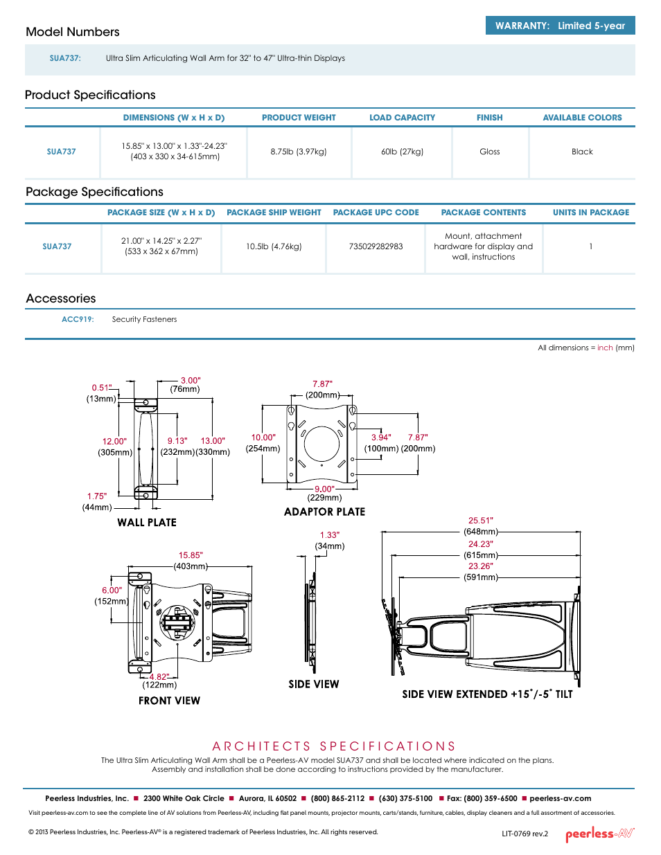 Package specifications accessories, Product specifications model numbers | Peerless-AV SUA737  - Sell Sheet User Manual | Page 2 / 2
