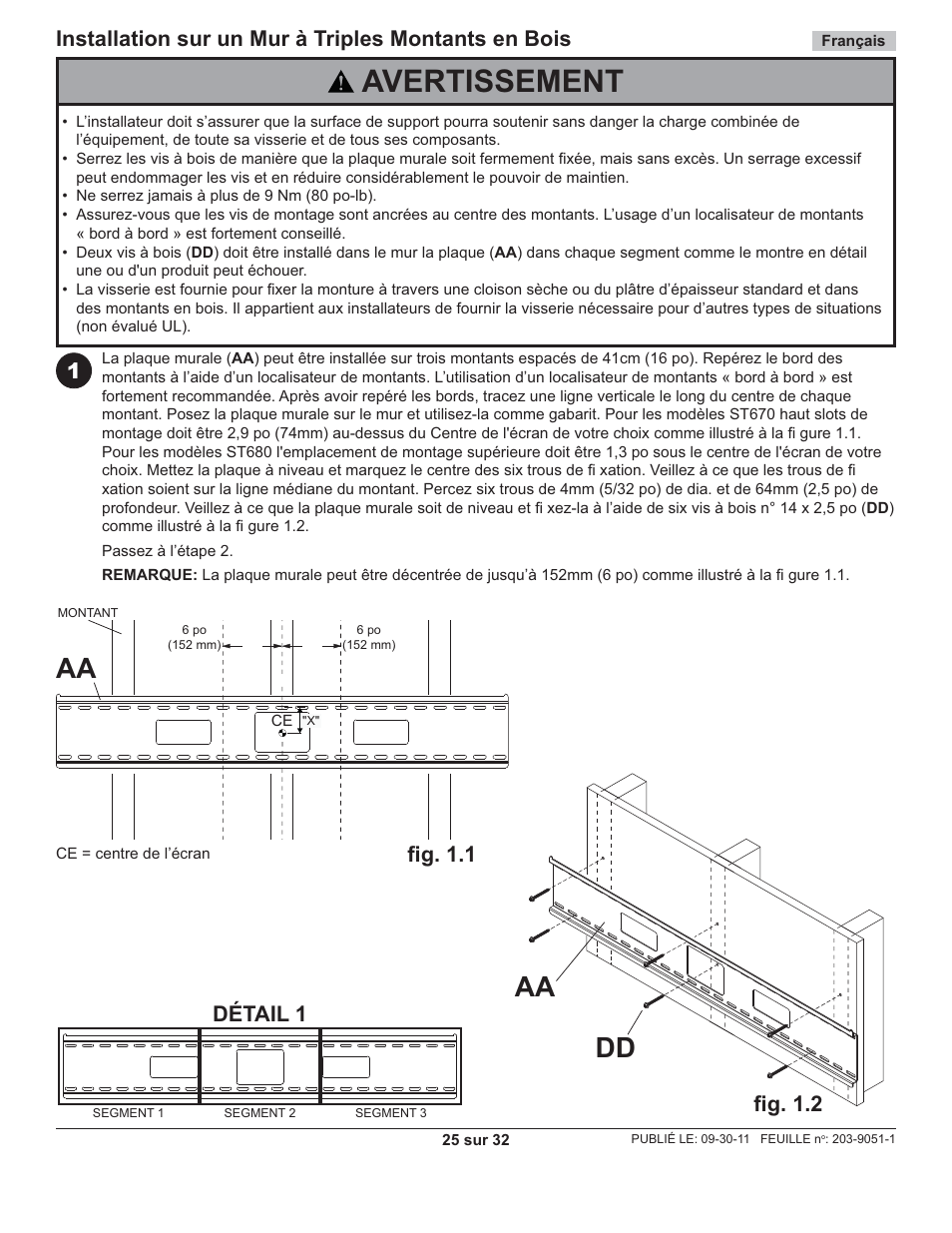 Avertissement, Dd aa, Fi g. 1.2 | Fi g. 1.1, Installation sur un mur à triples montants en bois, Détail 1 | Peerless-AV ST680-AW - Installation User Manual | Page 25 / 32