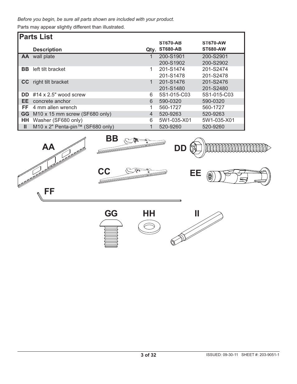 Aa bb ff dd ee cc, Gg hh ii, Parts list | Peerless-AV ST680-AW - Installation User Manual | Page 3 / 32