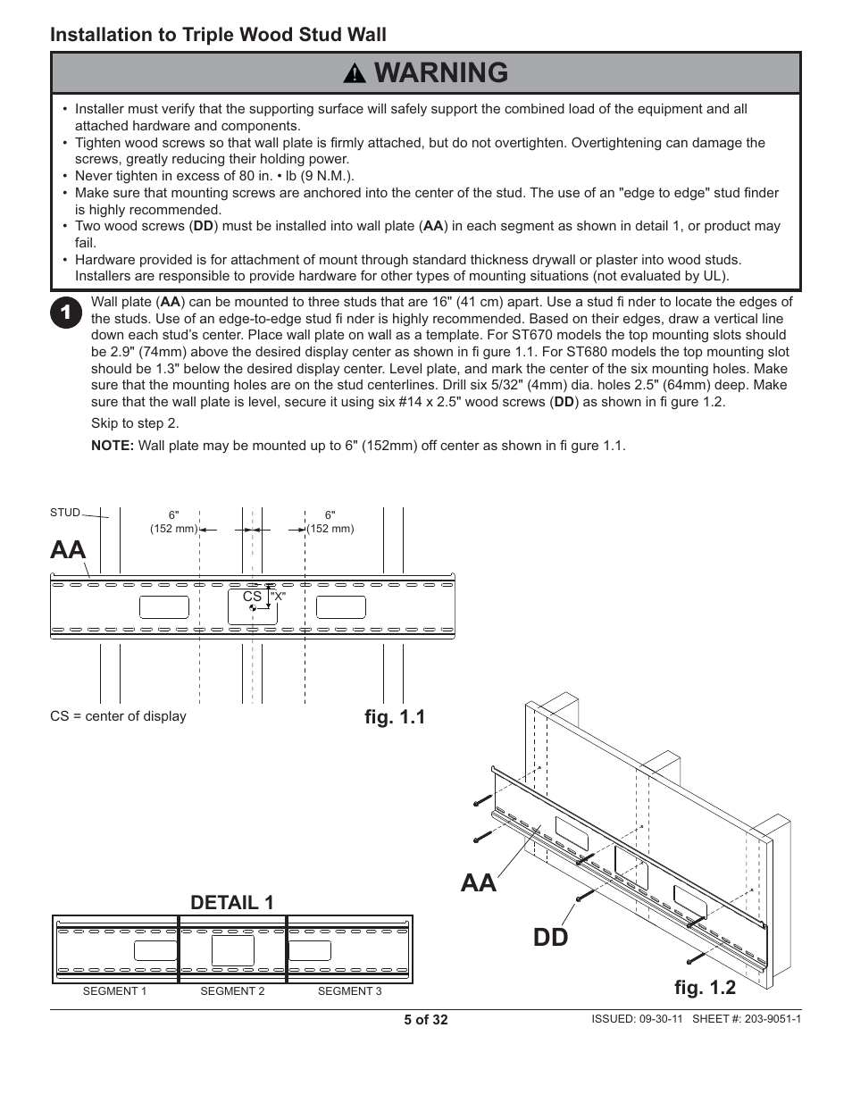 Warning, Dd aa, Fi g. 1.2 installation to triple wood stud wall | Fi g. 1.1, Detail 1 | Peerless-AV ST680-AW - Installation User Manual | Page 5 / 32