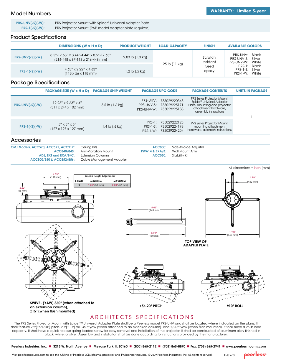 Package specifications accessories, Product specifications model numbers, Warranty: limited 5-year | Peerless-AV PRS-UNV-S  - Sell Sheet User Manual | Page 2 / 2