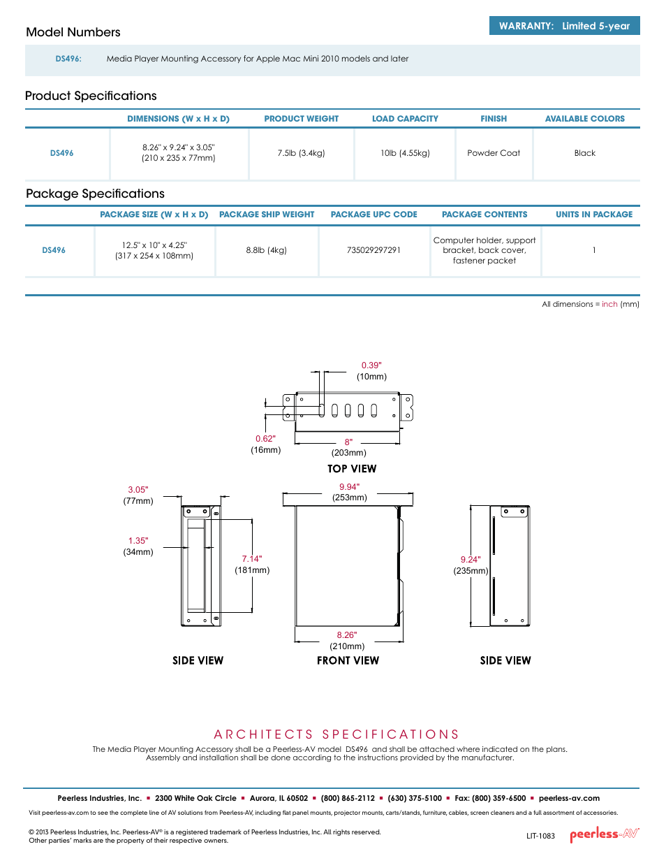 Package specifications, Product specifications model numbers | Peerless-AV DS496  - Sell Sheet User Manual | Page 2 / 2