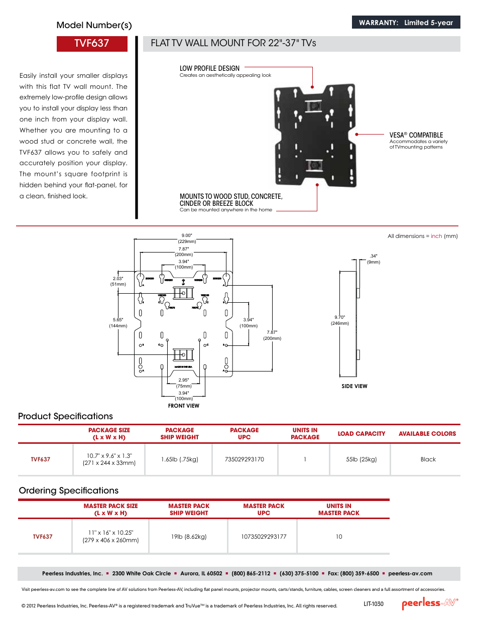 Tvf637, Flat tv wall mount for 22"-37" tvs, Model number(s) | Ordering specifications, Product specifications, Warranty: limited 5-year, Low profile design, Vesa, Compatible | Peerless-AV TVF637  - Sell Sheet User Manual | Page 2 / 2