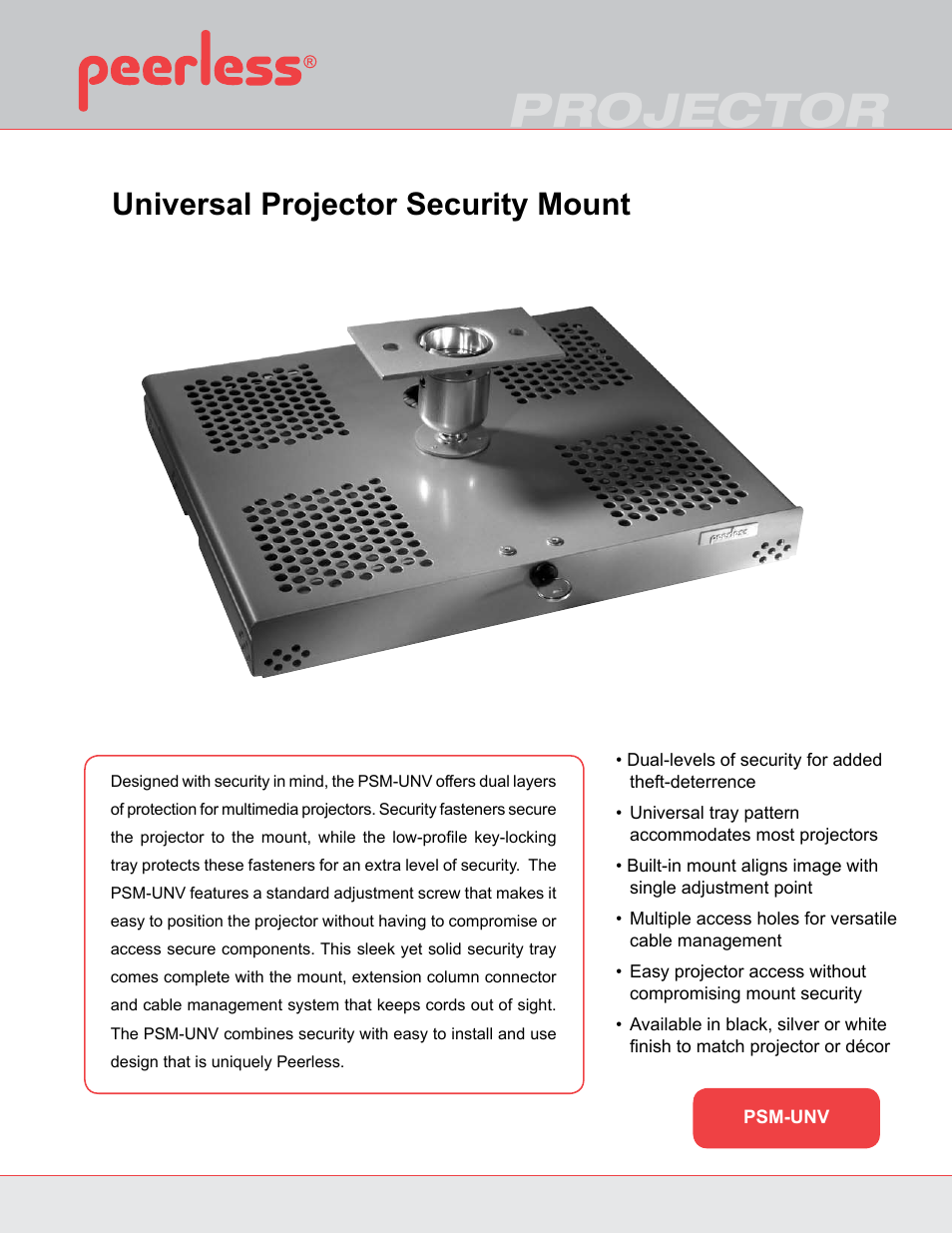 Peerless-AV PSM-UNV-W  - Sell Sheet User Manual | 2 pages