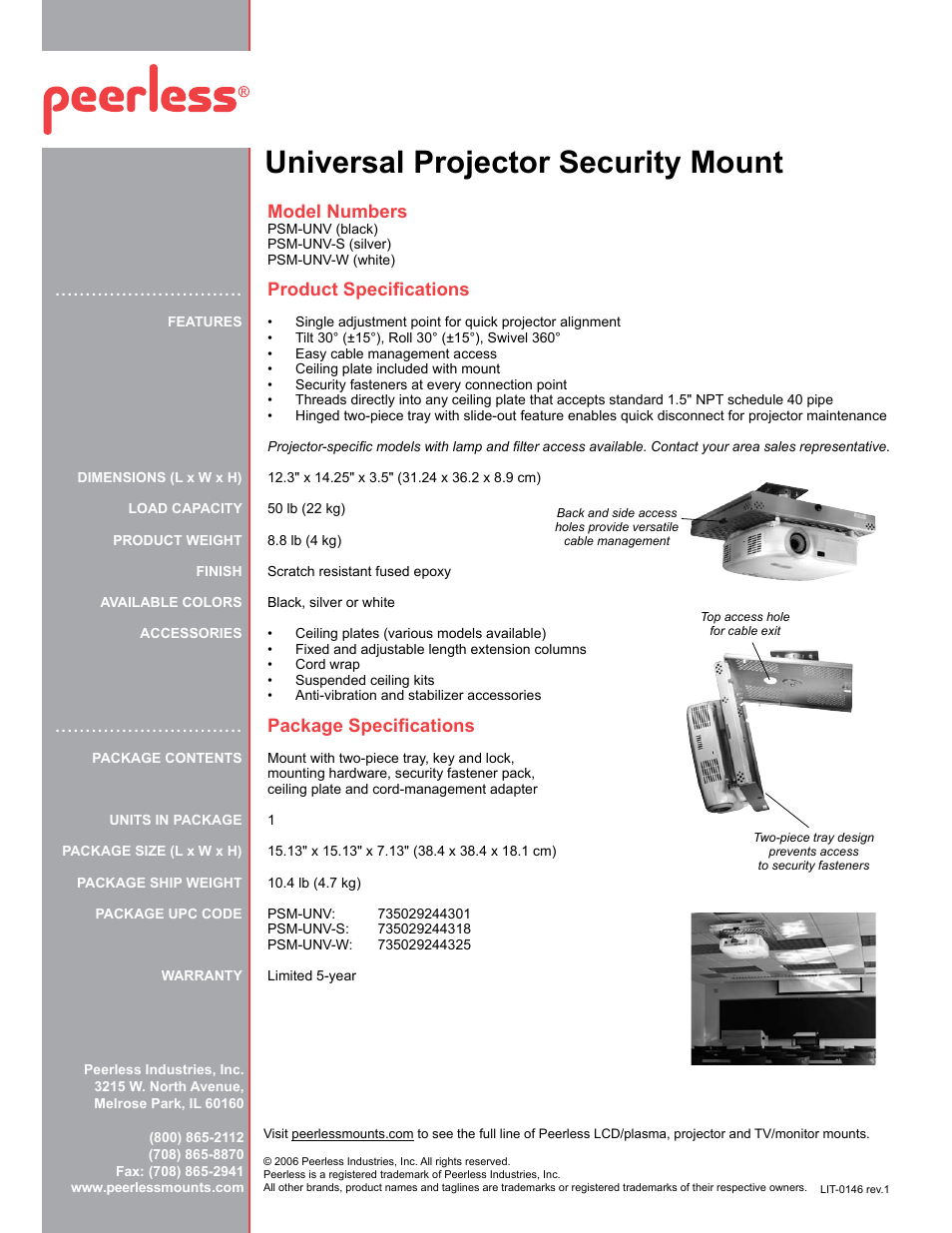 Universal projector security mount | Peerless-AV PSM-UNV-W  - Sell Sheet User Manual | Page 2 / 2