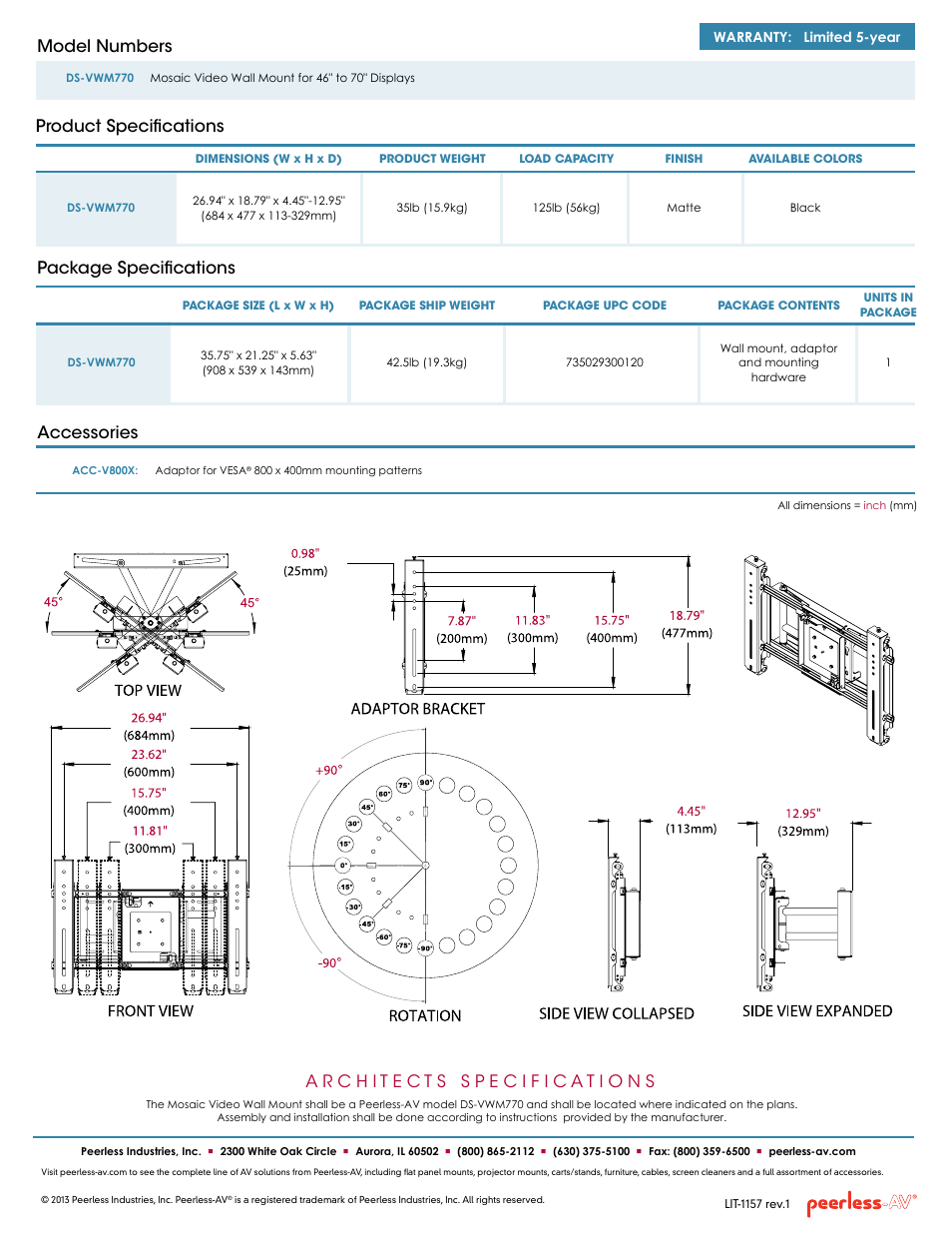 Product specifications model numbers, Package specifications, Accessories | Peerless-AV DS-VWM770  - Sell Sheet User Manual | Page 2 / 2