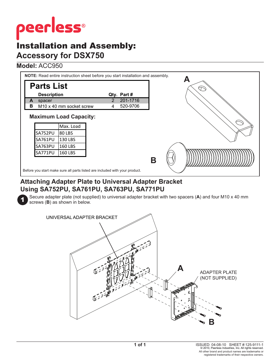 Peerless-AV ACC950 - Installation User Manual | 1 page