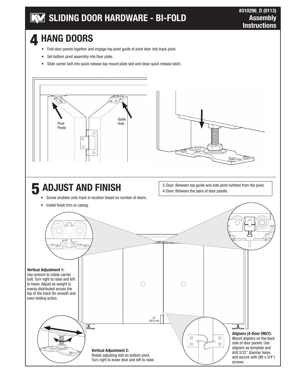 Hang doors adjust and finish, Sliding door hardware - bi-fold, Assembly instructions | Knape&Vogt PB-1828 Top and bottom pivot assemblies User Manual | Page 3 / 4