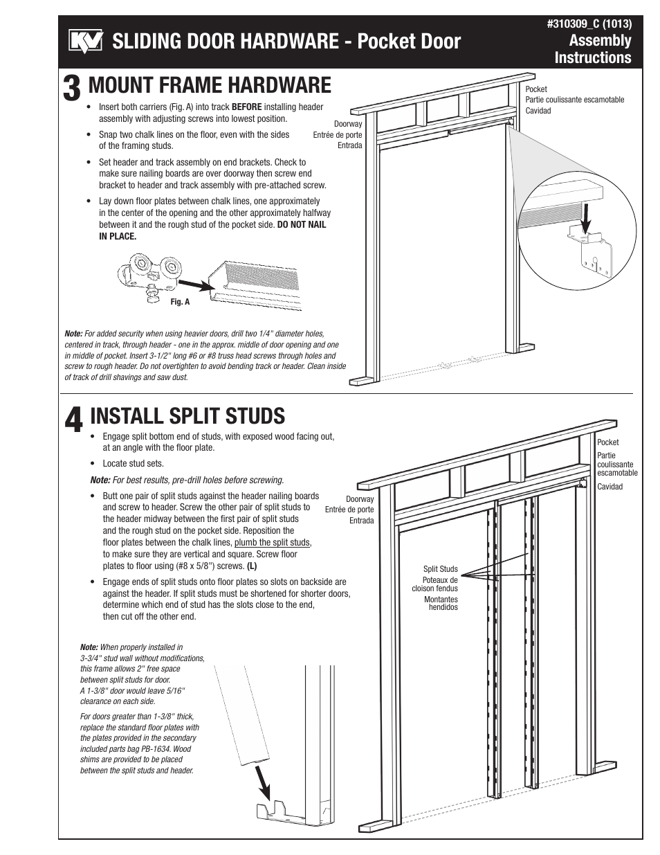 Mount frame hardware install split studs, Sliding door hardware - pocket door, Assembly instructions | Knape&Vogt PKF-150 Series User Manual | Page 3 / 6