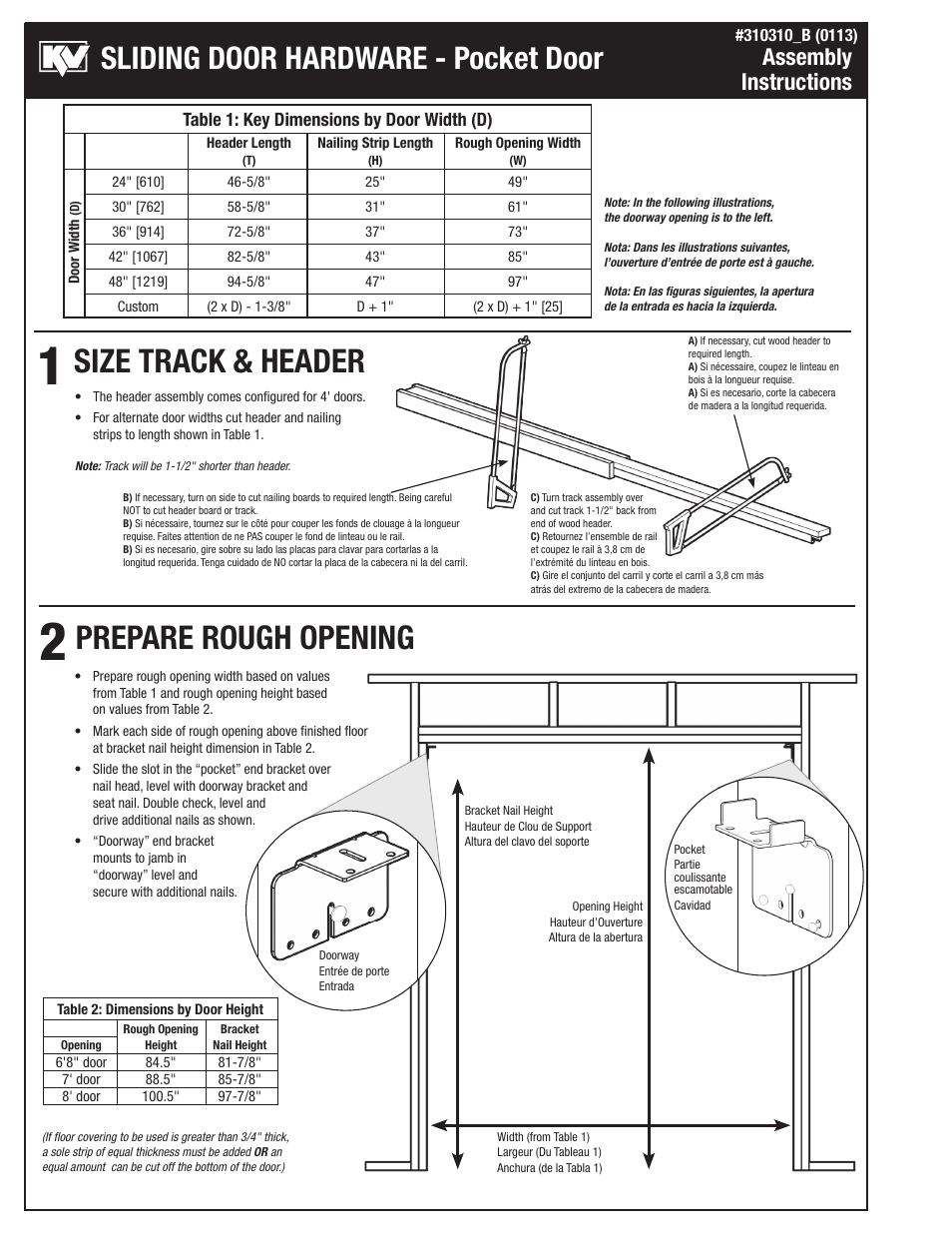 Size track & header prepare rough opening, Sliding door hardware - pocket door, Assembly instructions | Knape&Vogt PKF-250A Series User Manual | Page 2 / 6