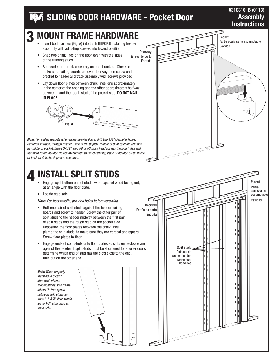 Mount frame hardware install split studs, Sliding door hardware - pocket door, Assembly instructions | Knape&Vogt PKF-250A Series User Manual | Page 3 / 6