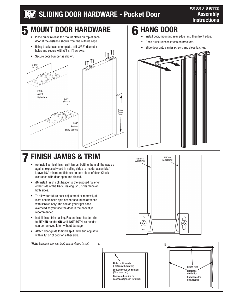 Mount door hardware hang door finish jambs & trim, Sliding door hardware - pocket door, Assembly instructions | Knape&Vogt PKF-250A Series User Manual | Page 4 / 6