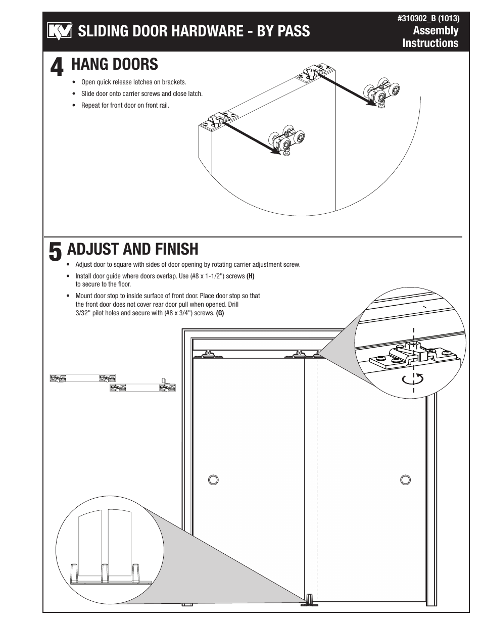 Hang doors, Adjust and finish, Sliding door hardware - by pass | Knape&Vogt BYP-100A Series User Manual | Page 3 / 4