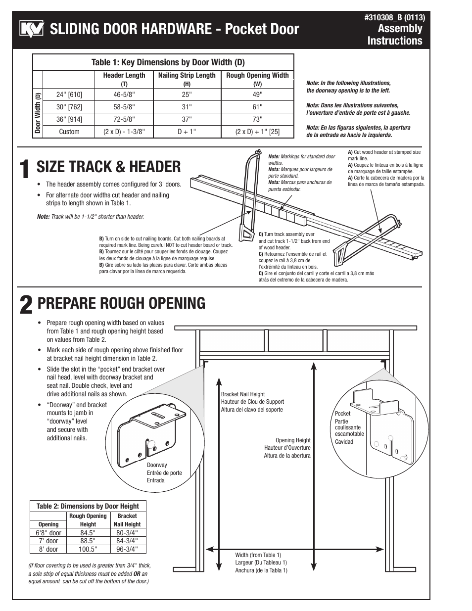 Size track & header prepare rough opening, Sliding door hardware - pocket door, Assembly instructions | Knape&Vogt PKF-100 Series User Manual | Page 2 / 6