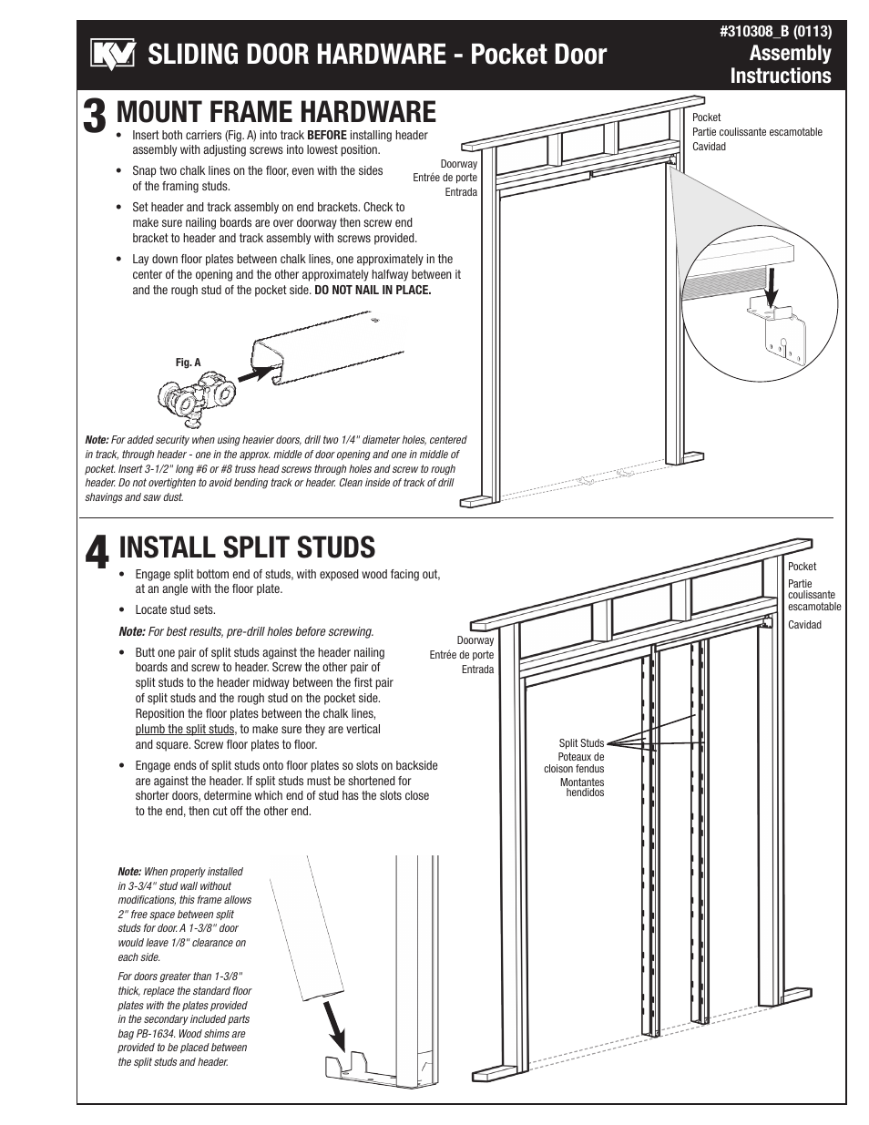 Mount frame hardware install split studs, Sliding door hardware - pocket door, Assembly instructions | Knape&Vogt PKF-100 Series User Manual | Page 3 / 6