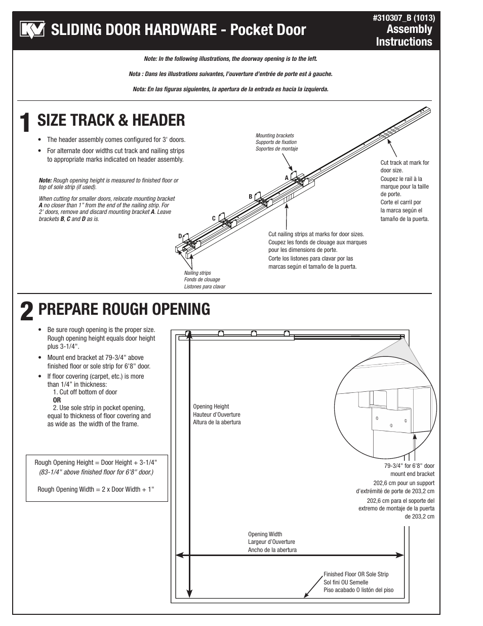 Size track & header prepare rough opening, Sliding door hardware - pocket door, Assembly instructions | Knape&Vogt PKF-75S Series User Manual | Page 2 / 6