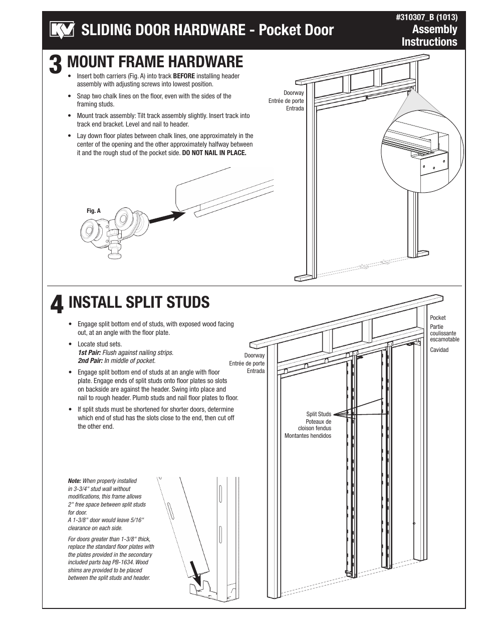 Mount frame hardware install split studs, Sliding door hardware - pocket door, Assembly instructions | Knape&Vogt PKF-75S Series User Manual | Page 3 / 6