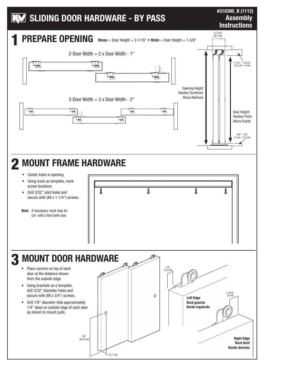 Prepare opening mount frame hardware, Mount door hardware, Sliding door hardware - by pass | Assembly instructions | Knape&Vogt BYP-60SW Series User Manual | Page 2 / 4