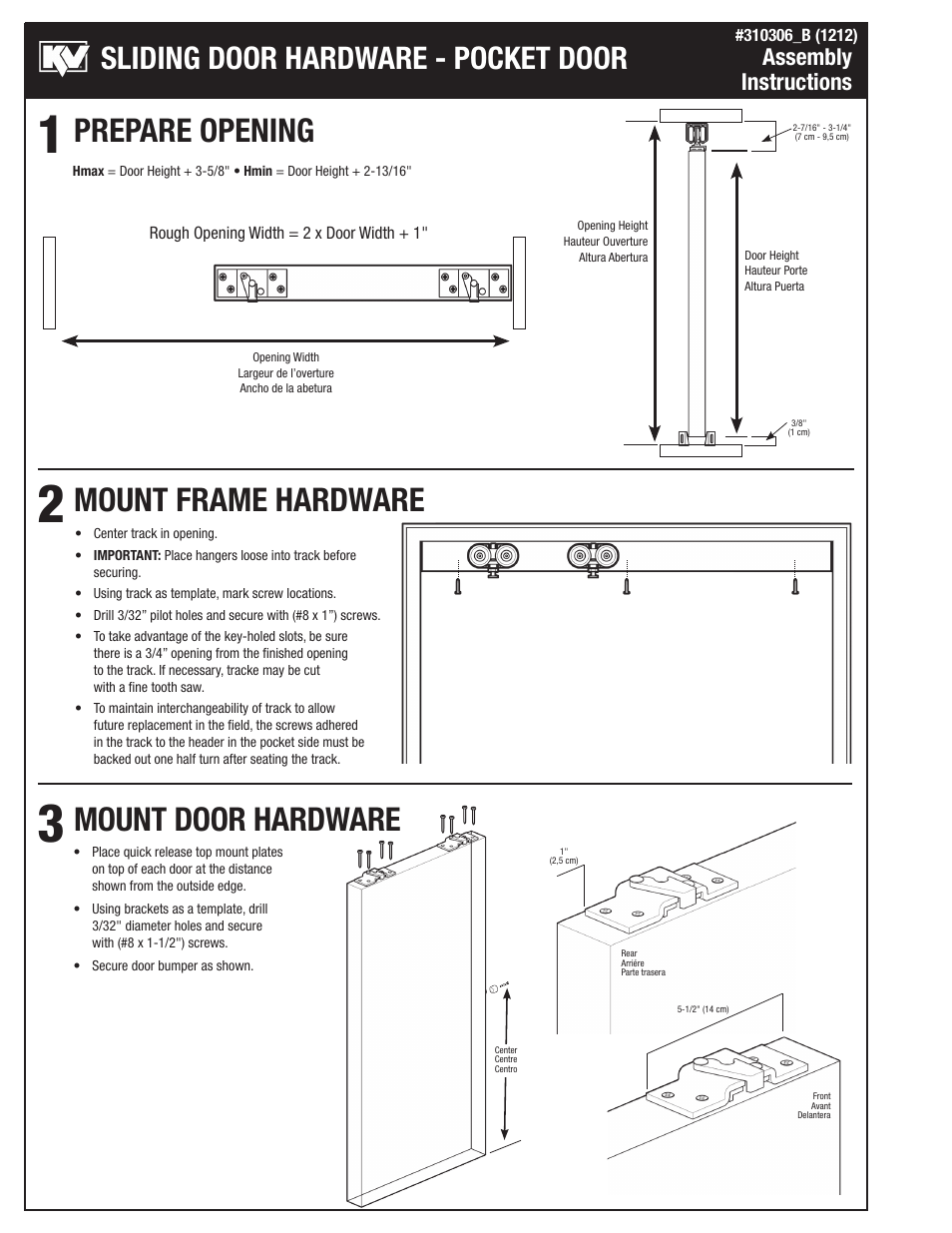 Sliding door hardware - pocket door, Assembly instructions | Knape&Vogt PKT-250A Series User Manual | Page 2 / 4