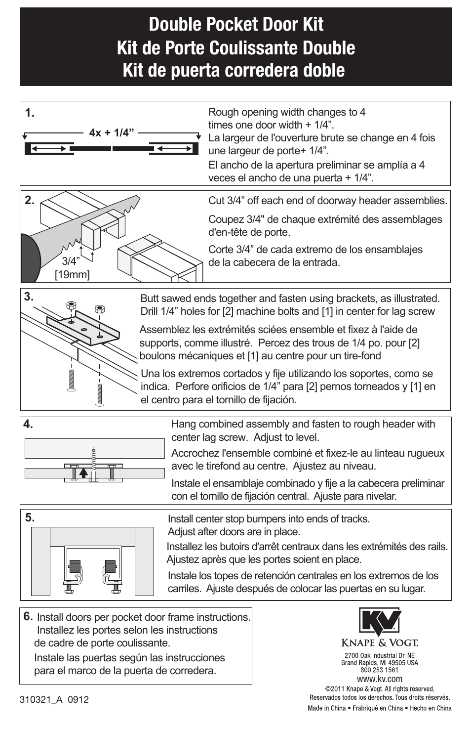 Knape&Vogt PB-1639 Bi-parting door adapter kit User Manual | 1 page