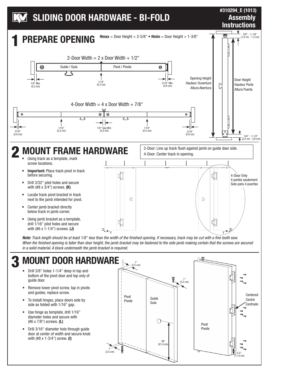 Prepare opening mount frame hardware, Mount door hardware, Sliding door hardware - bi-fold | Assembly instructions | Knape&Vogt BIF-30S Series User Manual | Page 2 / 4