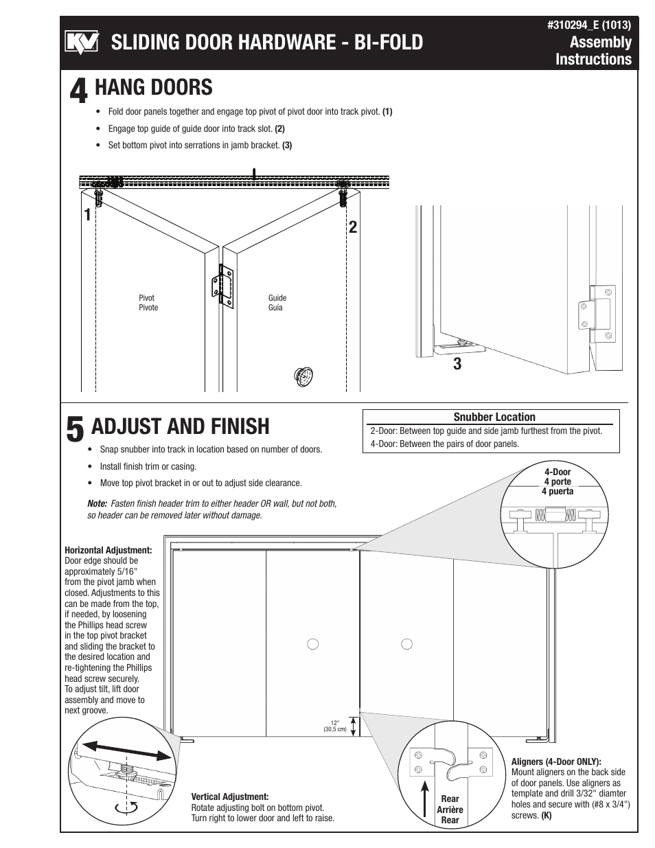 Hang doors adjust and finish, Sliding door hardware - bi-fold, Assembly instructions | Knape&Vogt BIF-30S Series User Manual | Page 3 / 4