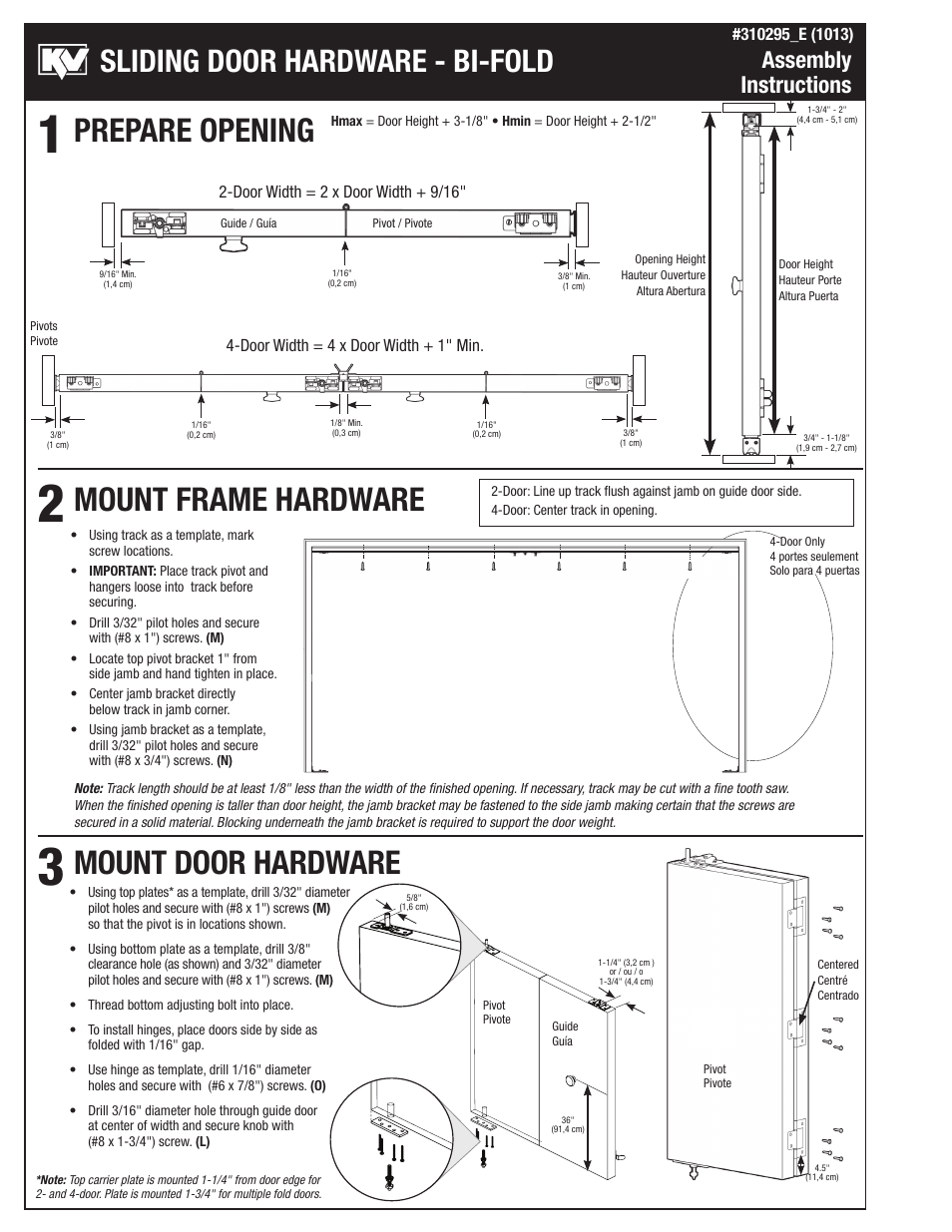 Prepare opening mount frame hardware, Mount door hardware, Sliding door hardware - bi-fold | Assembly instructions | Knape&Vogt PB-1618 Top and bottom pivot assemblies User Manual | Page 2 / 4