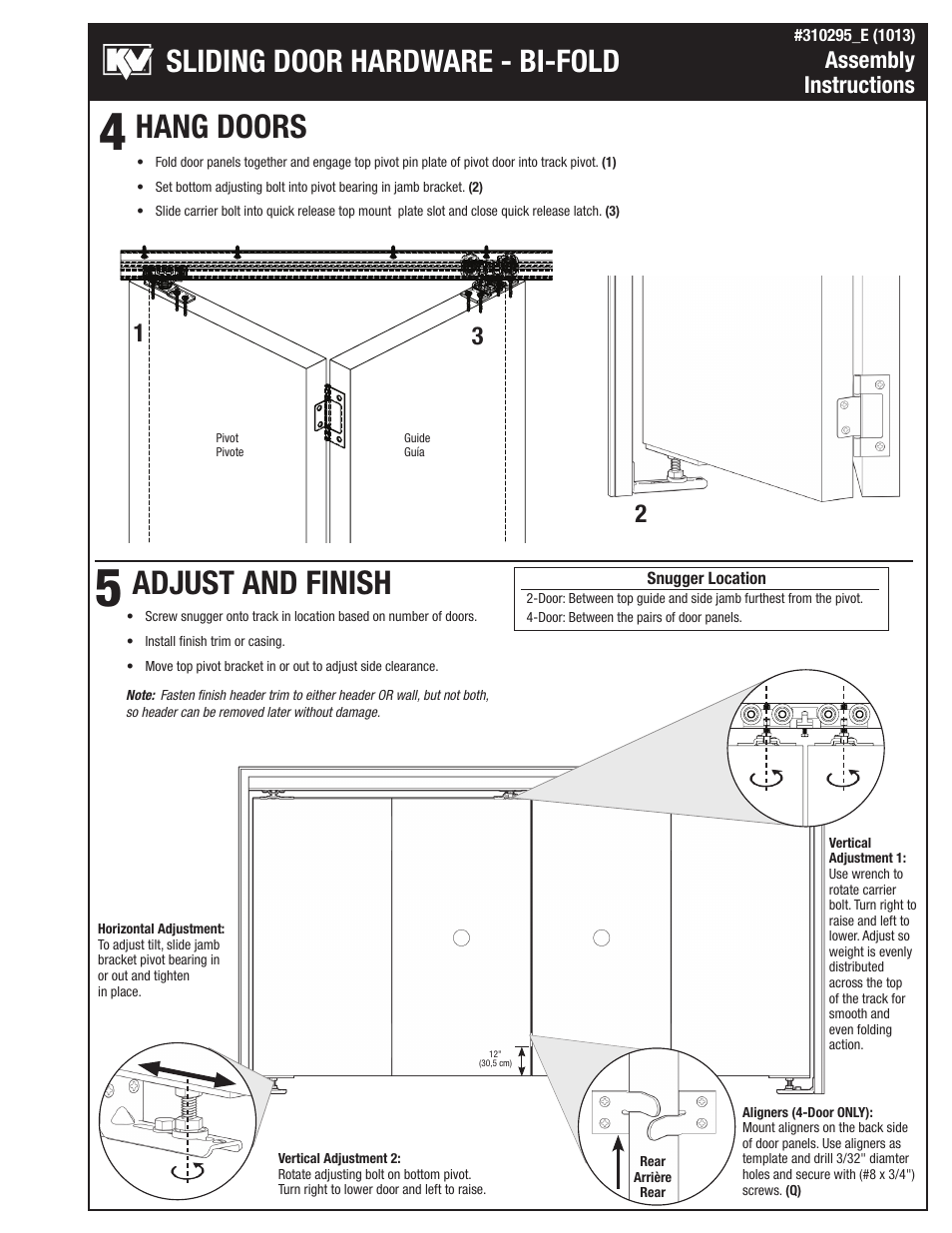 Hang doors adjust and finish, Sliding door hardware - bi-fold, Assembly instructions | Knape&Vogt PB-1618 Top and bottom pivot assemblies User Manual | Page 3 / 4